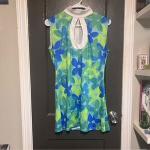 Sleeveless Floral Keyhole Dress - Blue & Lime Green
